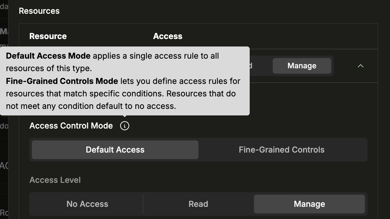 역할 편집기의 기본 접근 및 세분화된 제어 모드